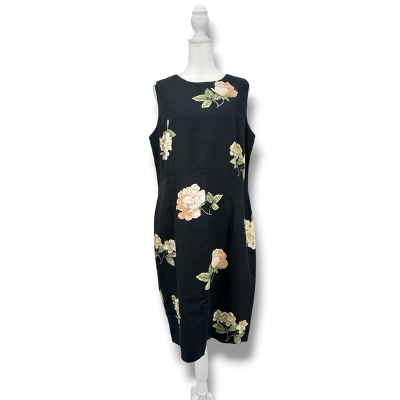 Ellen Tracy Dresses & Skirts - VTG 90s Ellen Tracy 100% Linen Dress 12 Black Floral Sheath Classic Cottagecore
